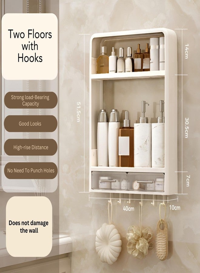 KREPS Plastic Shower Caddy Shelf Organizer Rack,Self Adhesive,Multifunctional Shelf Over Wall Mounted Bathroom Toilet Shelving For Bedroom&Kitchen Decoration. (2-Layer With Drawers&Hooks) - Image 2